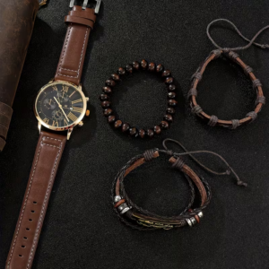 4pcs/Set Men’s Brown Analog Watch & Matching Bracelet Set